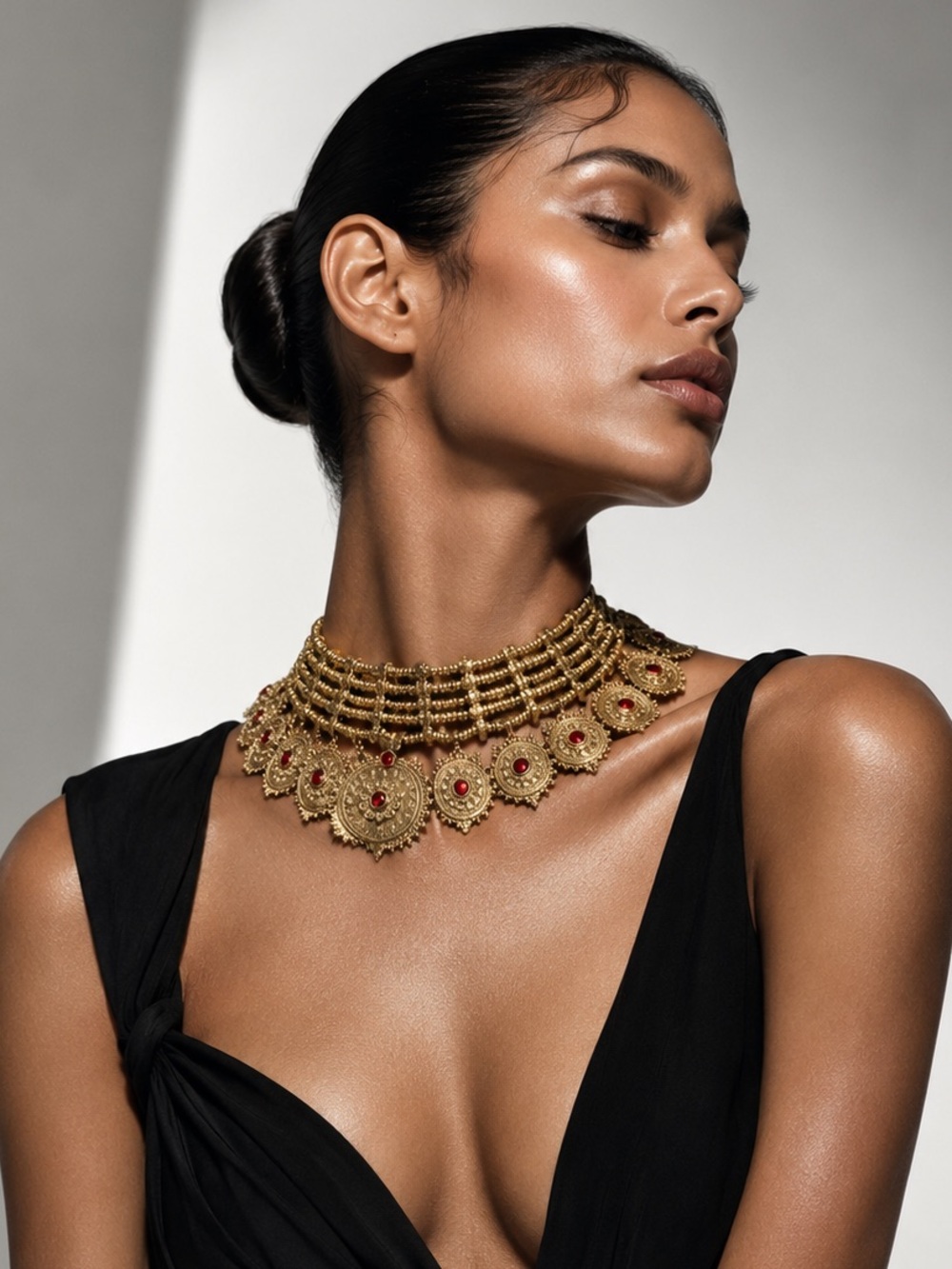 Gold Choker Necklace with Red Accent Stones - Women Jewelry